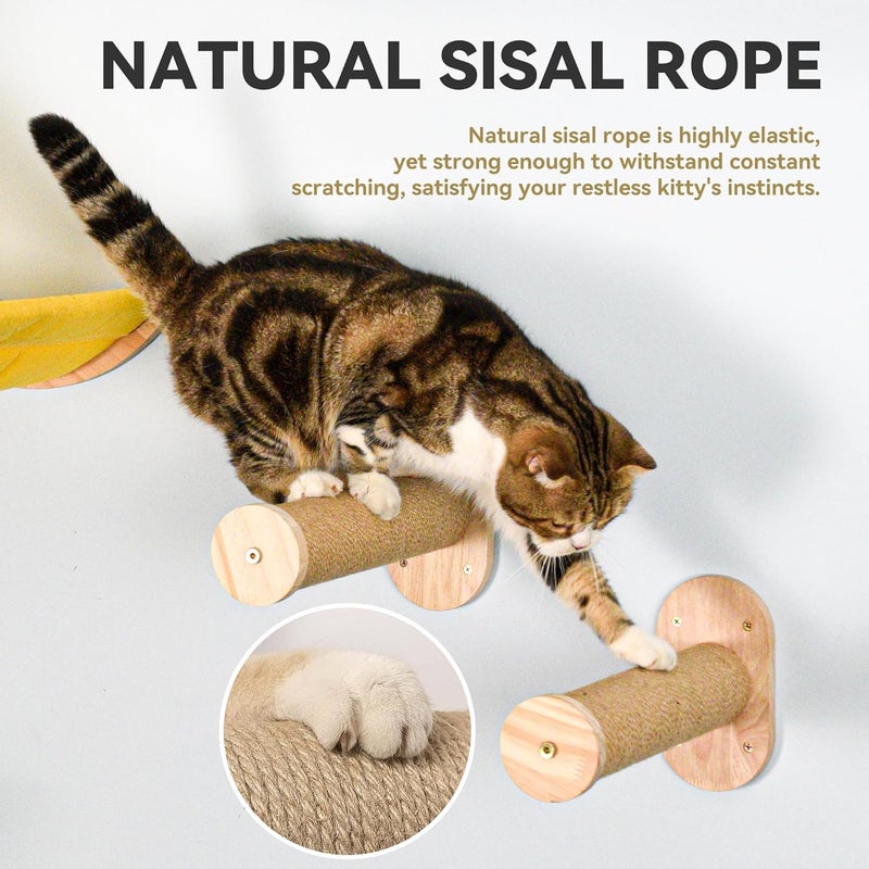 DITOSH Wall Cat Bed Moon Hammock Wall Mounted Shelf with 2 Steps Climbing Sheves and Sisal Platforms Rope Scratching Post Wood Wall Furniture Bridge Ladder Wooden Indoor Cats Wall Bed-Moon Set - Image 5